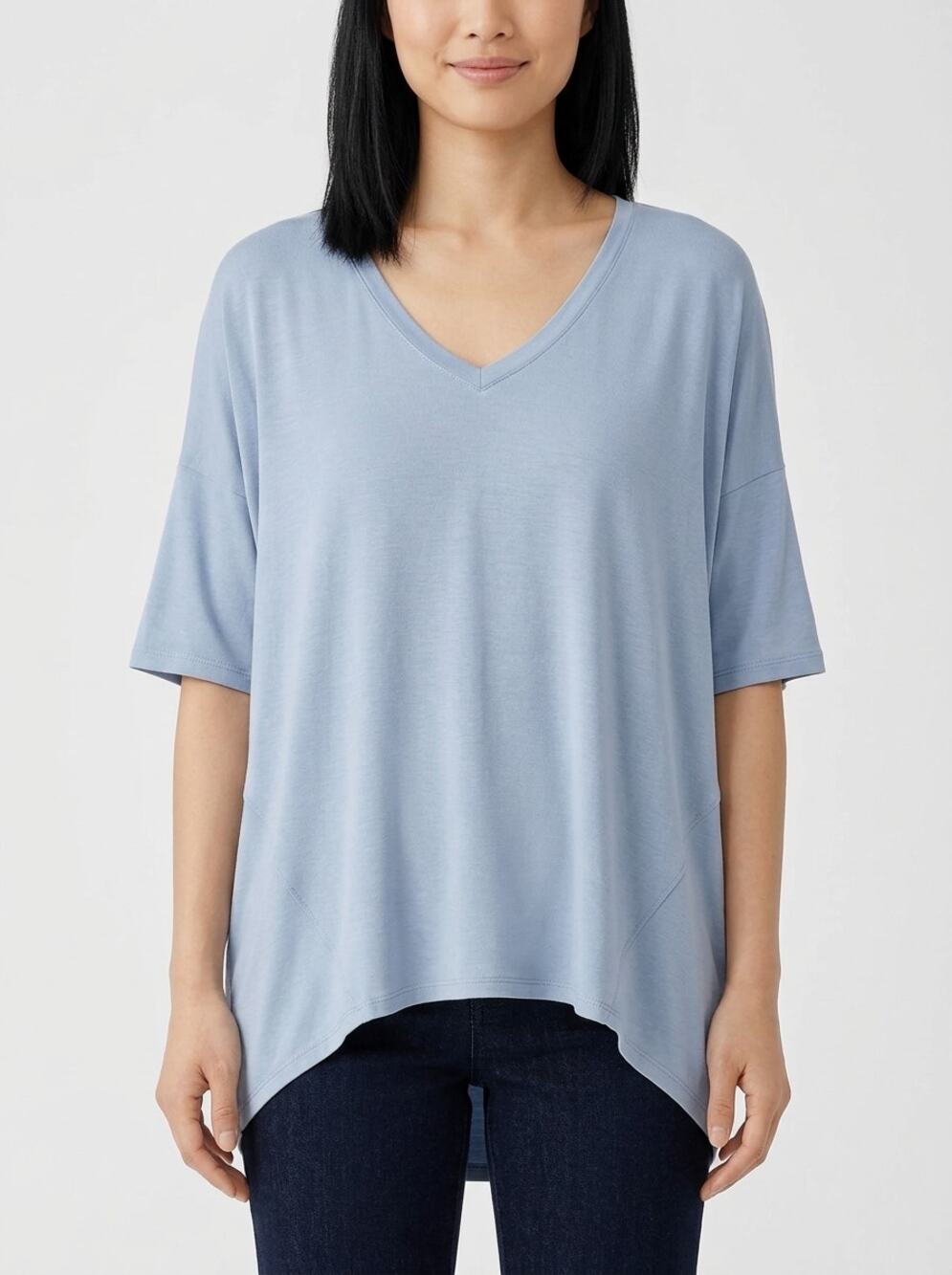 Wynne Layers Light Blue V-Neck Dolman Sleeve High-Low Knit Top Women Size M